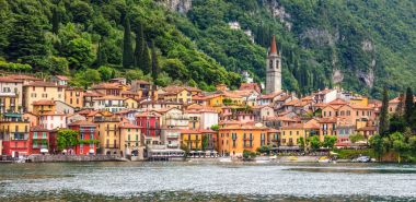 Beautiful Postcard Panorama view of beautiful Varenna Town, Lake Como, Lombardy, Italy, Europe. clipart