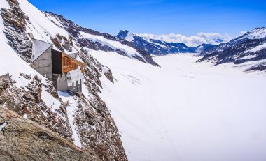 Aletschgletscher veya Aletsch Buzulu - buz manzara İsviçre Alp bölgelerde, Jungfraujoch istasyonu, Avrupa tren istasyonu, İsviçre, Avrupa'nın üst