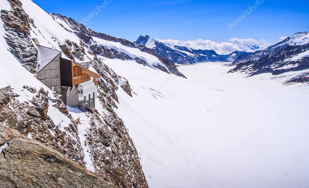 Aletschgletscher or Aletsch glacier - ice landscape in Swiss Alpine Regions, Jungfraujoch Station, the top of europe train station, Switzerland, Europe