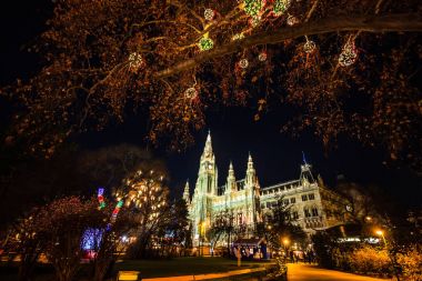 Renkli ışık ışıklı gece Noel pazarı, Viyana Belediye Binası Rathausplatz, Avusturya, Avrupa.