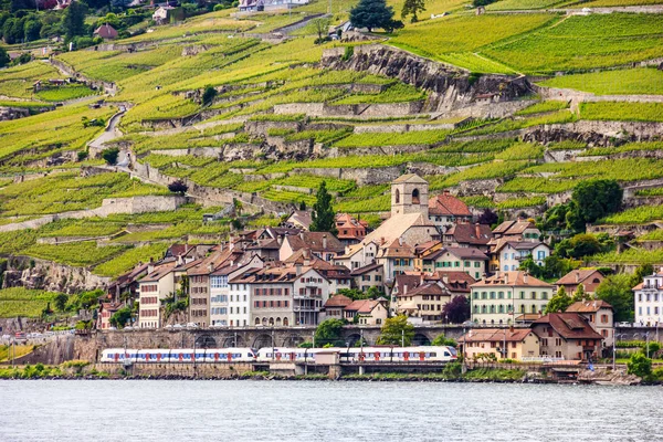 Indah lanskap musim panas Danau Jenewa, Lavaux kebun anggur teras dan Alpen dengan kereta berjalan oleh, Swiss Riviera, Swiss, Eropa . — Stok Foto