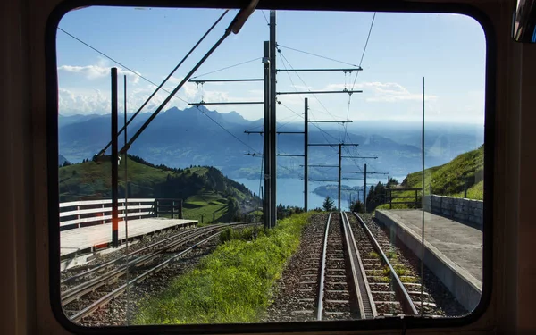 Cogwheel Train Window View Railway Track Rigi Kulm Station Lucerna — Fotografia de Stock