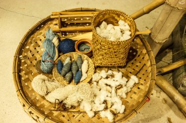 thai asian traditional cultural indigo color dyeing silk cloth process textile tools; yarn , shuttles, spun, etc. on brown rattan wooden sieve basket. Local rural occupation, lifestyle, vocational job clipart