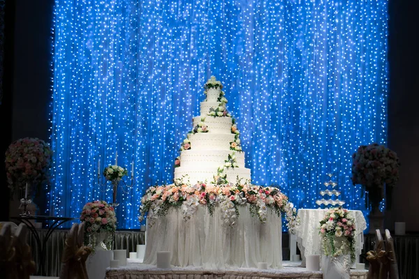 Wedding Cake Table Decorated Beautiful Flowers Stage Beautiful Glittering Blue Stock Photo