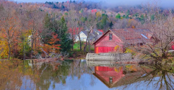 Rotes Ländliches Ferienhaus Aus Holz Umgeben Von Natürlichem Waldhintergrund Reflexion — Stockfoto