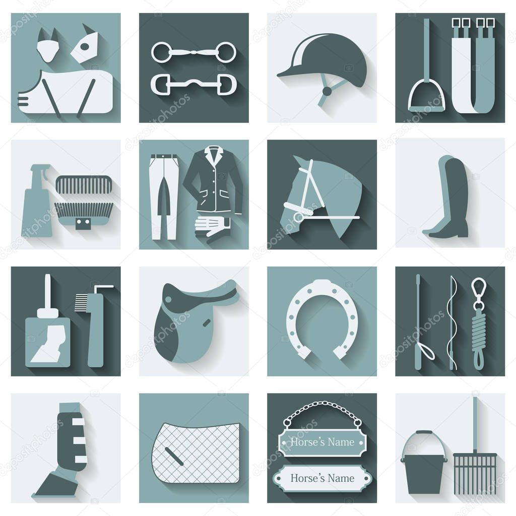 Set of 16 flat vector icons with different horse and riding equipment