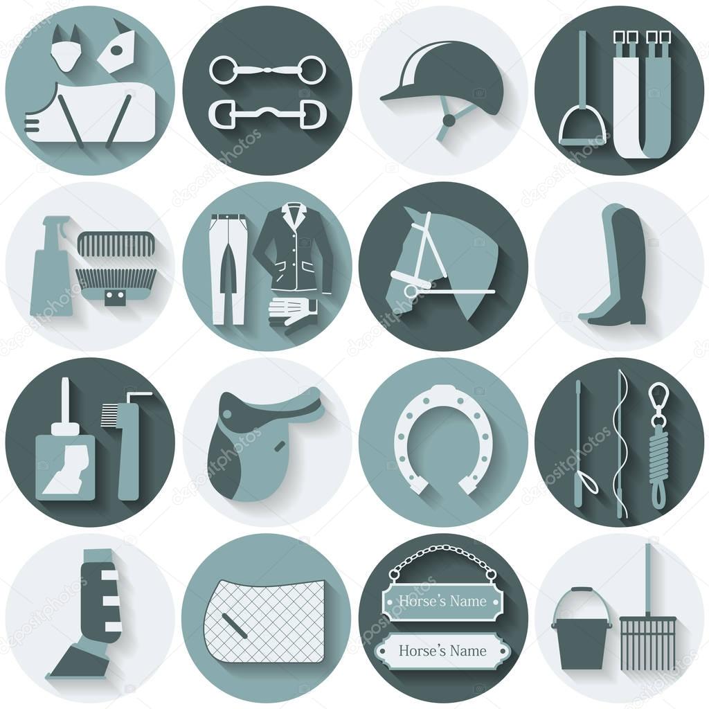 Set of 16 round flat vector icons with different horse and riding equipment
