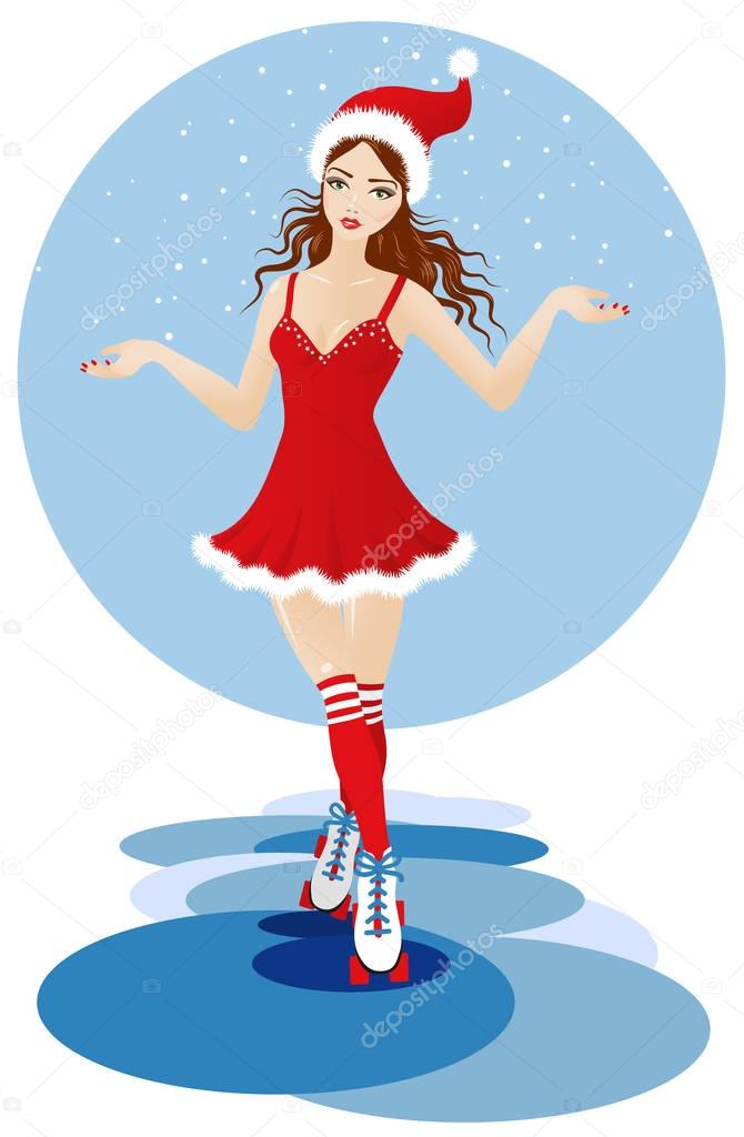 rollerskating girl in Christmas outfit