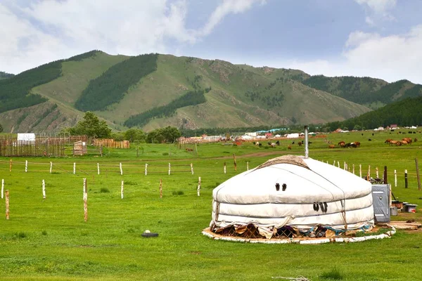 O acampamento ger em um grande prado em ulaanbaatar, mongólia — Fotografia de Stock