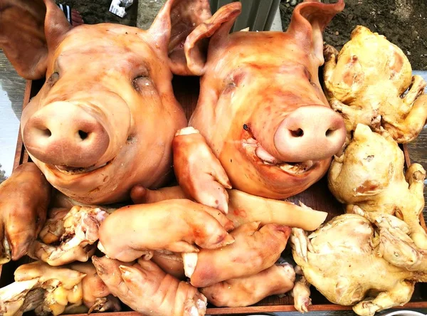 Pig's head and side dish to worship God is to give Him our love in the Traditions Of Thailand — Stock Photo, Image