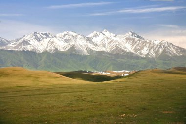   Kırgızistan 'ın Tian Shan dağlarıyla Song kul Gölü' nün güzel manzarası.