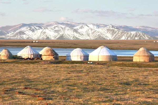 Kırgızistan 'lı Naryn, Song kul Gölü' nde geniş bir çayırdaki ger kampı. 