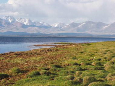 Kırgızistan 'ın Tian Shan dağlarıyla Song kul Gölü' nün güzel manzarası.