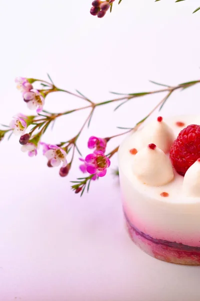 Delicioso pastel con frambuesas sobre un fondo blanco — Foto de Stock