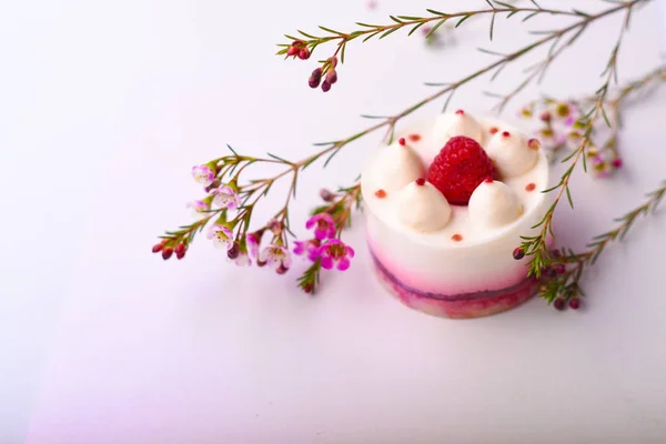 흰색 바탕에 라스베리와 맛 있는 케이크 — 스톡 사진