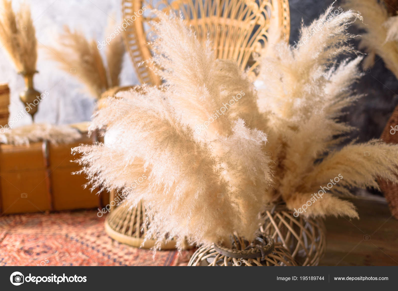 Vintage Boxes Straw Together Vase Feathers Old Chest Stock Photo