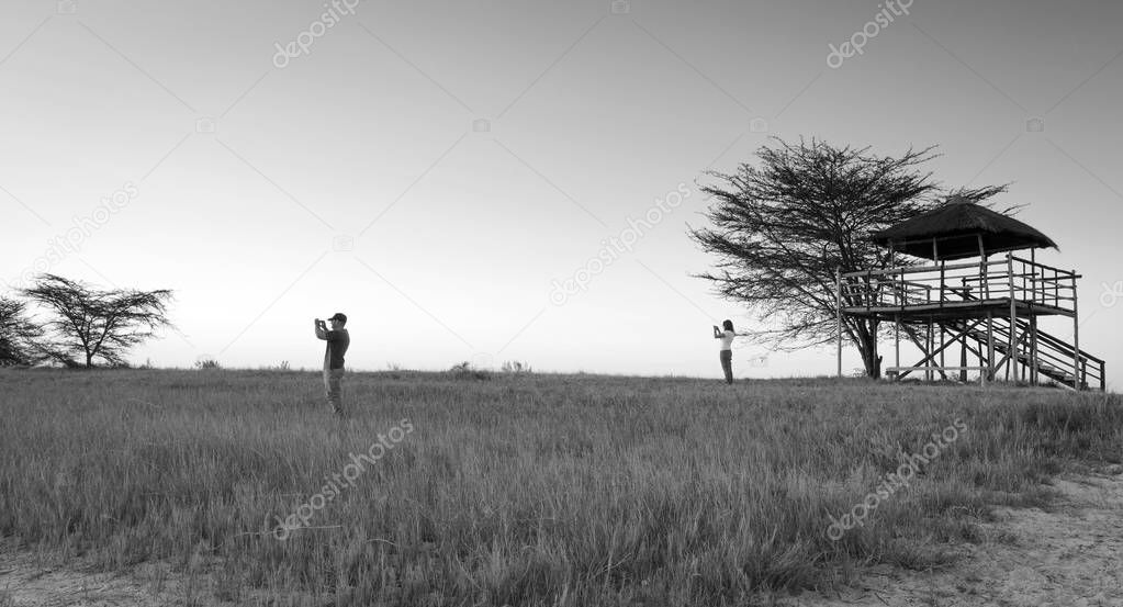 Young Couple on African Safari Black And White