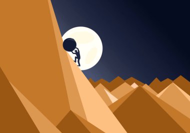 Sisyphus kavramı, kararlılık ve dayanıklılık gösteren imkansız bir görevde bir kayayı dağa iten bir adam.