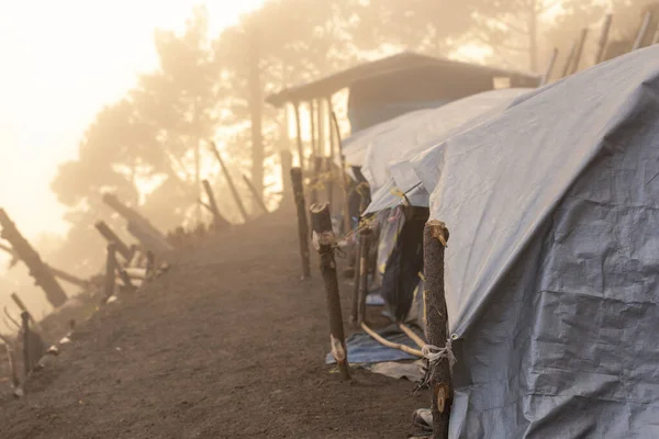 Camping Tents Row Thick Cloud Fog Summit Acatenango Volcano Guatemala — 스톡 사진