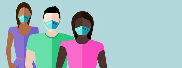 男性と女性の両方のマスクとCovid 19コロナウイルス防止コンセプトのためのコピースペースを持つ人々のグループ — ストックベクタ