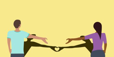Social distancing greeting concept vector where two people remain at a distance but their shadows create a love heart to prevent spread of COVID-19 coronavirus pandemic clipart