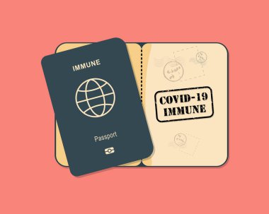 Aşı pasaportu ya da aşı olmuş ya da COVID-19 koronavirüsüne karşı bağışıklığı olan ve tekrar seyahat edip çalışmaya başlayabilecek insanlar için dokunulmazlık pasaport konsepti.