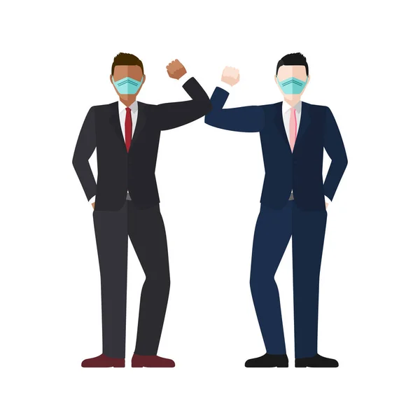 エルボーバンプ挨拶のコンセプトベクトルの2つのよく服を着たビジネスマンのためのコピースペースとマスクを身に着けていますCovid 19コロナウイルス防止 — ストックベクタ