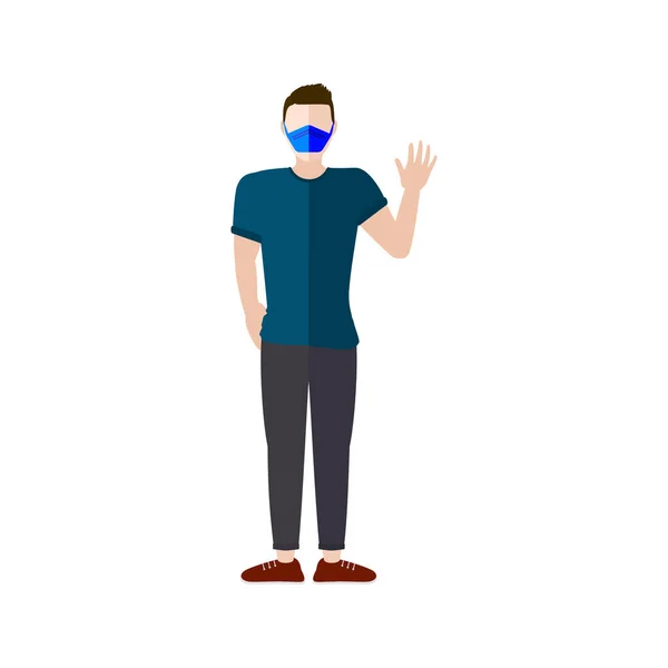 Covid 19コロナウイルス防止のためのマスクを身に着けている間 社会的距離を維持するために手を振って立っている — ストックベクタ