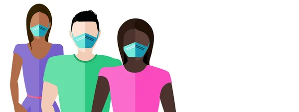Covid 19コロナウイルス防止コンセプト用マスクを装着した男性と女性の両方のグループ — ストックベクタ