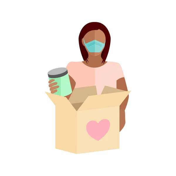 Covid 19コロナウイルスのパンデミックの際に助けを必要としている人々に与えるために食品の箱を満載したマスクを身に着けている女性 — ストックベクタ