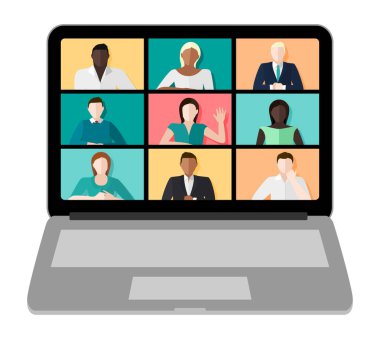 Çok kültürlü insanlar ve farklı cinsiyet vektörleriyle görüntülü bir konferans çağrısı içeren dizüstü bilgisayar ekranı