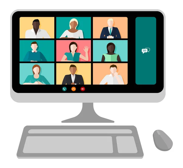 Schermo Informatico Con Videoconferenza Con Persone Multiculturali Diversi Generi Vettore — Vettoriale Stock
