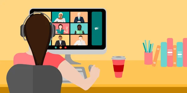 Vrouw Een Video Conference Call Tijdens Het Werken Thuis Concept — Stockvector