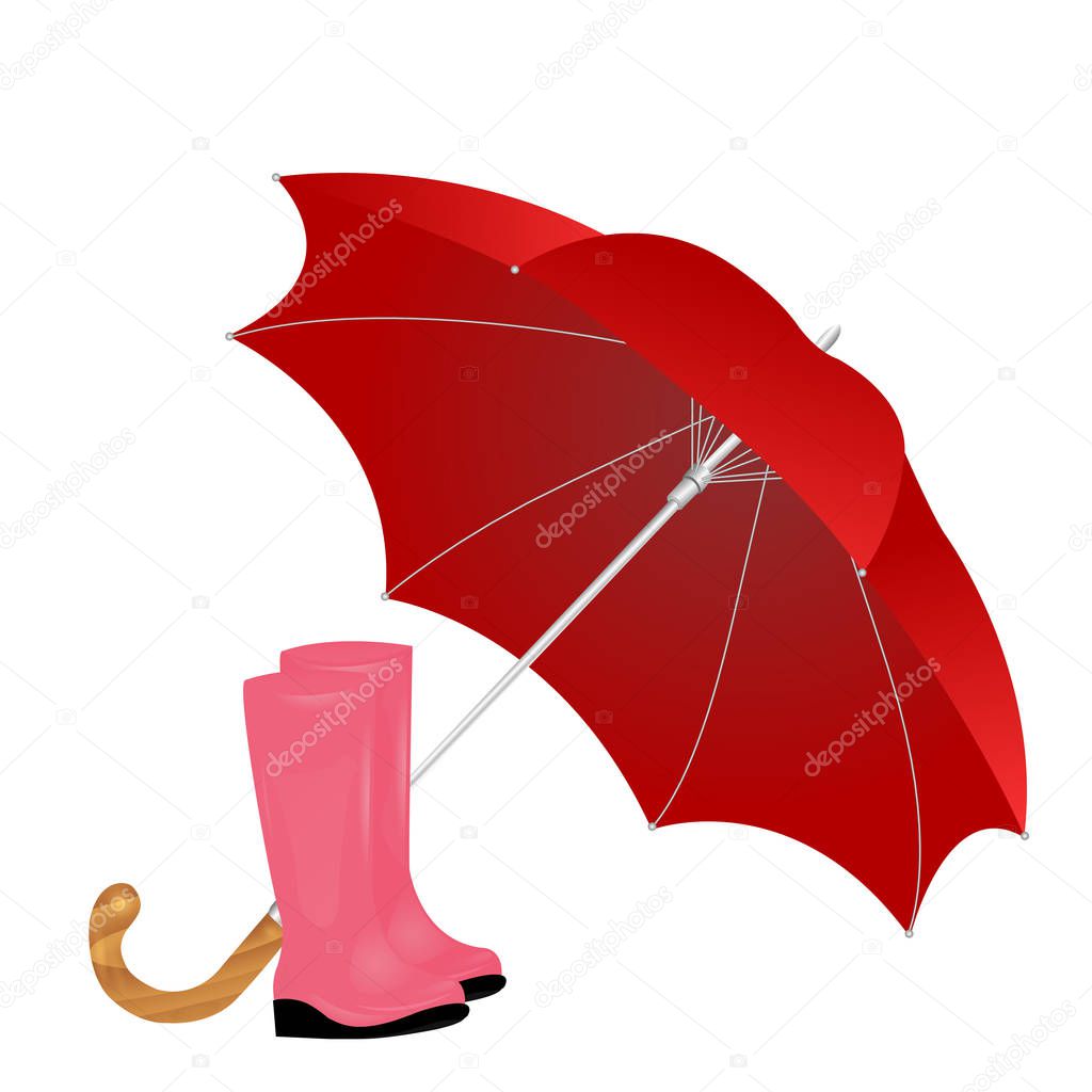 A pair of rainboots and an umbrella on a white background