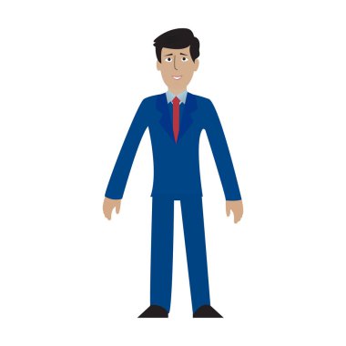 Genç yakışıklı işadamı ile ayakta silah katlanmış. Mavi takım, kırmızı kravat ve gömlek. Önden Görünüm. Düz illüstrasyon