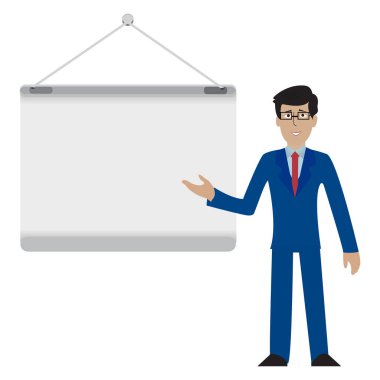 Takım elbiseli genç işadamı boş bir tahtada sunum semineri illüstrasyonunda bir şey sunuyor.