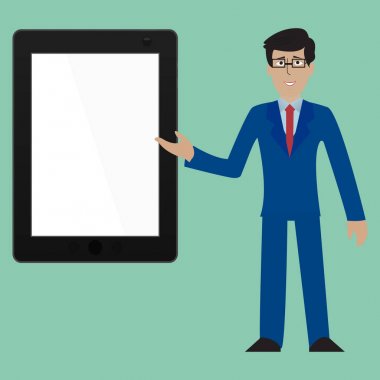 bir şey bir Pano vektör Tanıtım Semineri vektör çizim sunan takım elbiseli genç işadamı