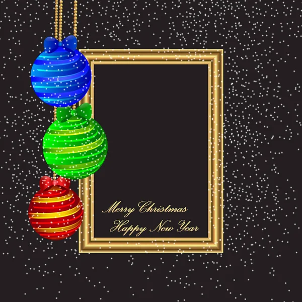 Feliz Navidad y feliz año nuevo Poster Template con bolas de color sobre fondo negro. Ilustración vectorial. Marco de copo de nieve y bolas de Navidad — Vector de stock