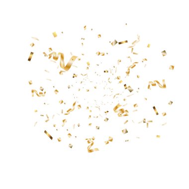 Konfeti ve şerit şerit şeffaf arka plana düşüyor. Düşen parlak altın konfetileri. Parlak, altın renkli, gösterişli süsler. Parti arkaplanı. Web afişi için tatil tasarımı ögeleri, poster