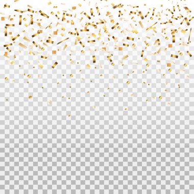 Konfeti ve şerit şerit şeffaf arka plana düşüyor. Düşen parlak altın konfetileri. Parlak, altın renkli, gösterişli süsler. Parti arkaplanı. Web afişi için tatil tasarımı ögeleri, poster