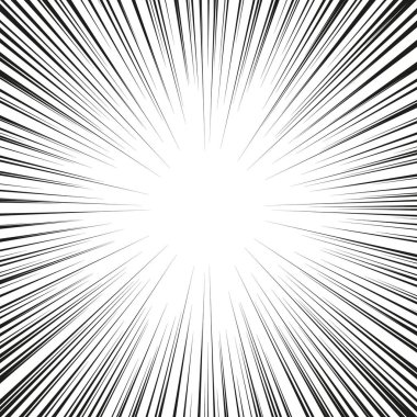 Arkaplan tasarımı veya çizgi film şablonu için vektör siyah radyal hız çizgisi patladı. Çizgi roman tasarım elementi. Siyah ve beyaz vektör çizimi.