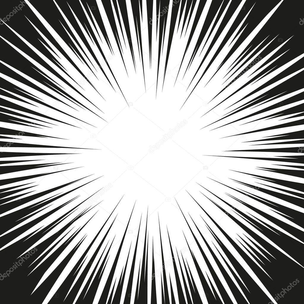 Vector comic book speed lines background. Starburst explosion in monochrome manga or pop art style.