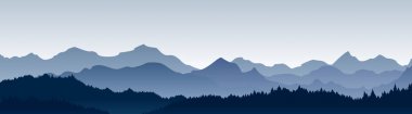 Güzel panoramik manzara vektör Illustration. Sis orman, sabah dağ arka plan, manzara ile dağlarda.