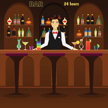 Bar, pub iç düz vektör çizim gözlük, şişe, kokteyl ve şarap ile. Adam barmen alkol dreenks ile bir bar.