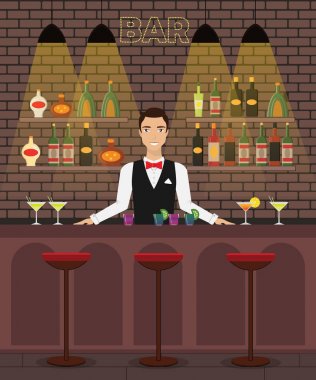 Bar, pub iç düz vektör çizim şişeler, gözlük, kokteyller ile. Adam barmen şarap, alcohole dreenks ile bir bar.