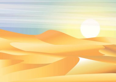 Manzara arka plan çöl dunes, barkhans ve deve vektör çizim düz stilde kervanı.