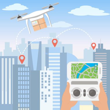 Düz çizgi film tarzı içinde gökdelenler ile büyük modern bir şehir manzarası önünde smartphone tarafından teslim dron paketi ile başlatılması eller vektör çizim.