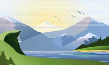 Vektör çimen, lake forest, dağlar ve tepeler ile doğa arka plan düz Illustration. Açık hava etkinlikleri.