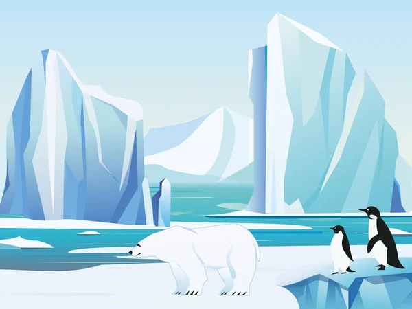 Vector illustration arctic landscape with polar bear and penguins, iceberg and mountains. Cold climate winter background. — Stock Vector