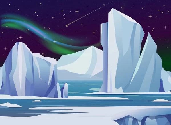 Ilustração vetorial paisagem noturna ártica com, iceberg e montanhas. Clima frio inverno fundo polar luzes e estrelas . — Vetor de Stock